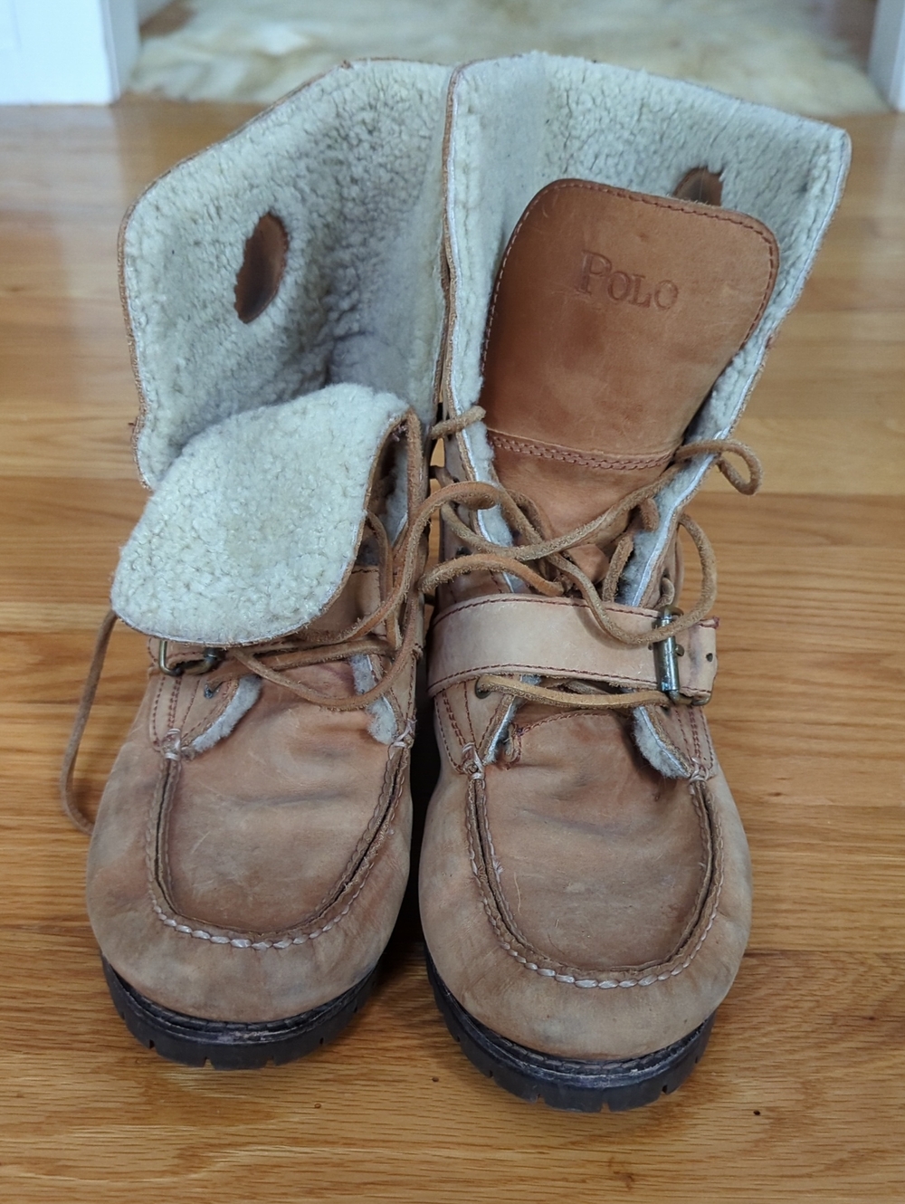 Ralph Lauren Ranger Boots Tan Leather Shearling Lace-Up Boots